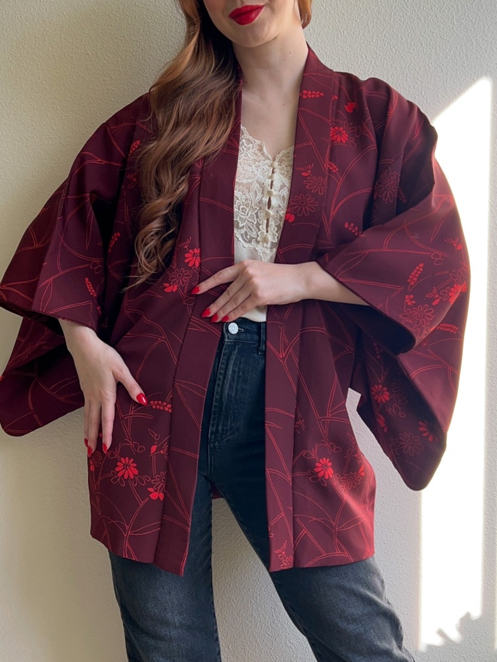 Vintage 1960s Burgundy and Red Floral Silk Kimono (M/L)